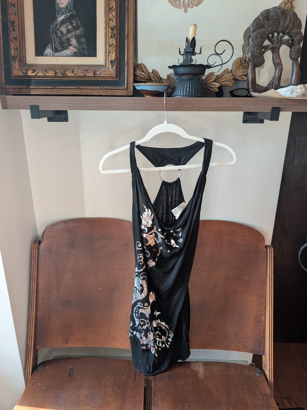 Y2k Tunic Black Tank Top with Metallic Silver Floral Accents